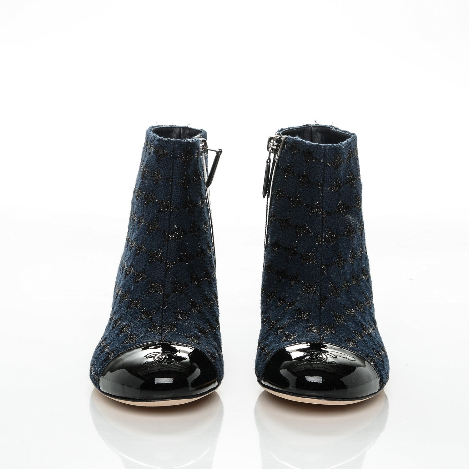 Chanel Tweed Calfskin Patent CC Short Boots 40 Navy Black 2 of 6