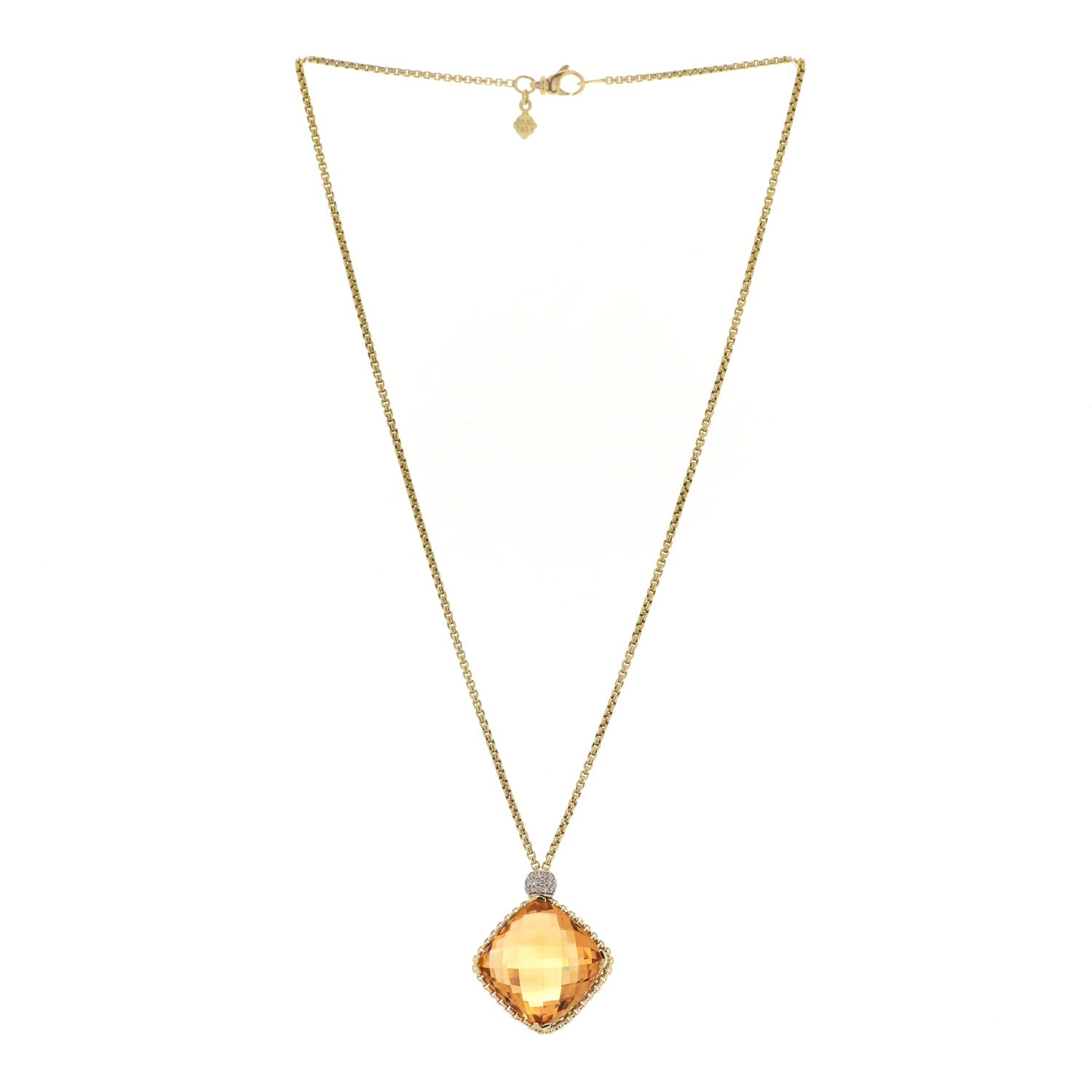 David Yurman 18K Yellow Gold Diamond Citrine Cushion on Point Pendant Necklace 3 of 6