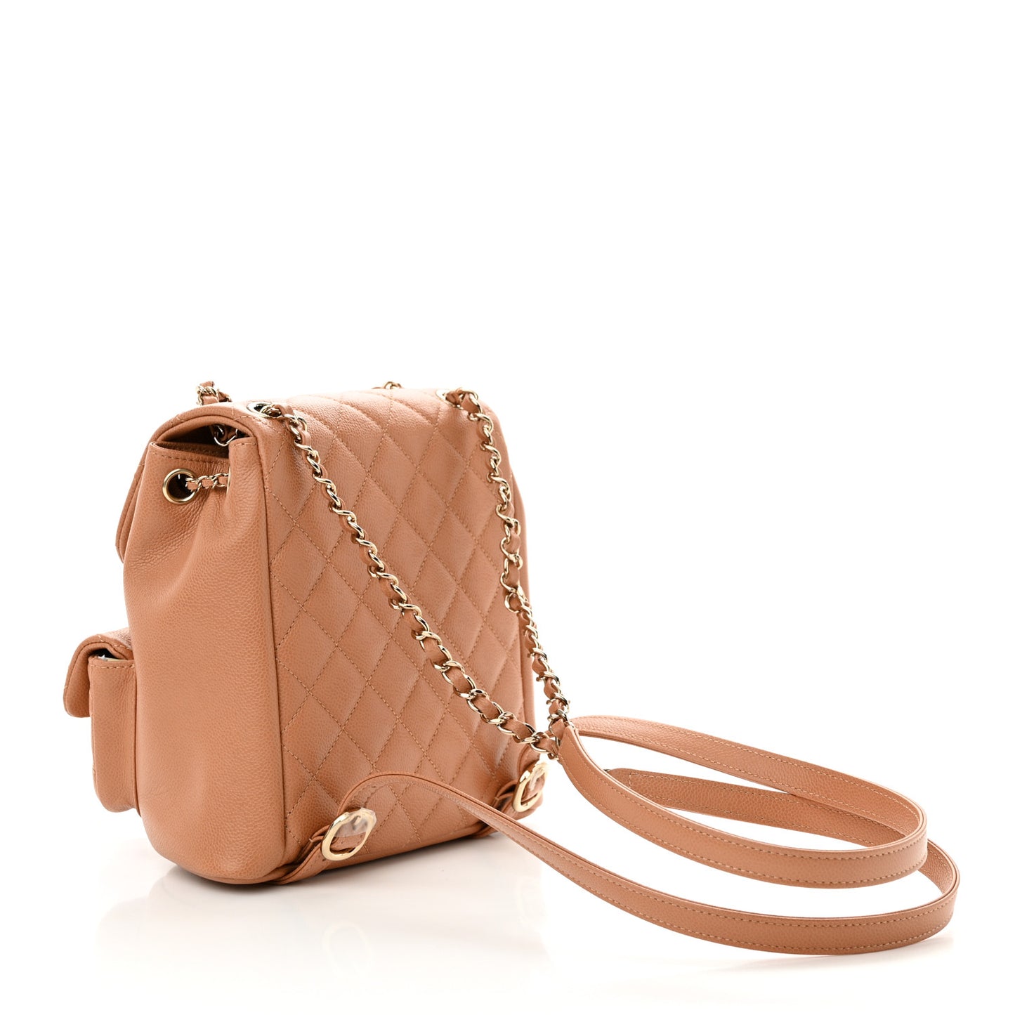 Shiny Caviar Quilted Medium Duma Pockets Drawstring Backpack Dark Beige