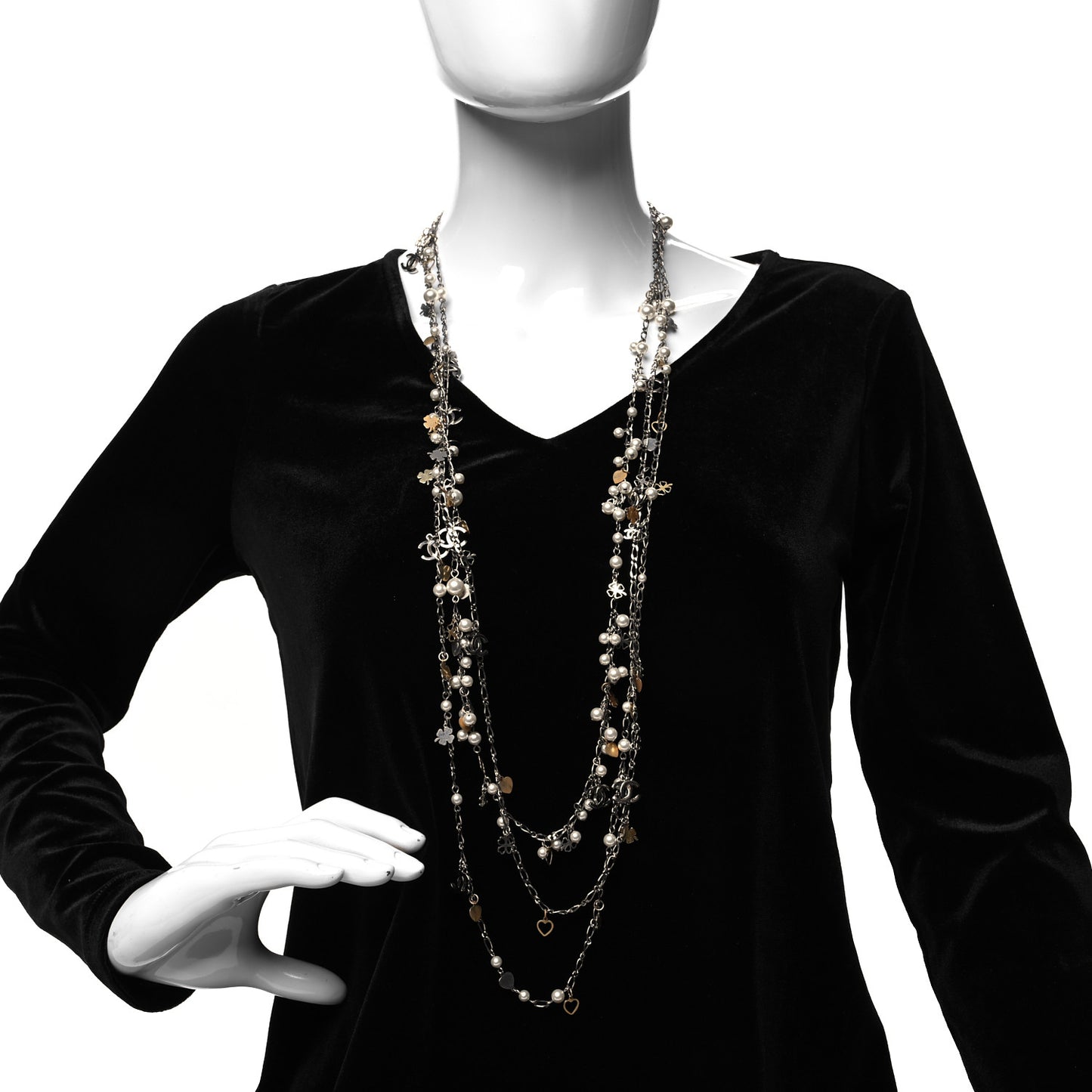 Pearl CC Lucky Charms Long Necklace Silver