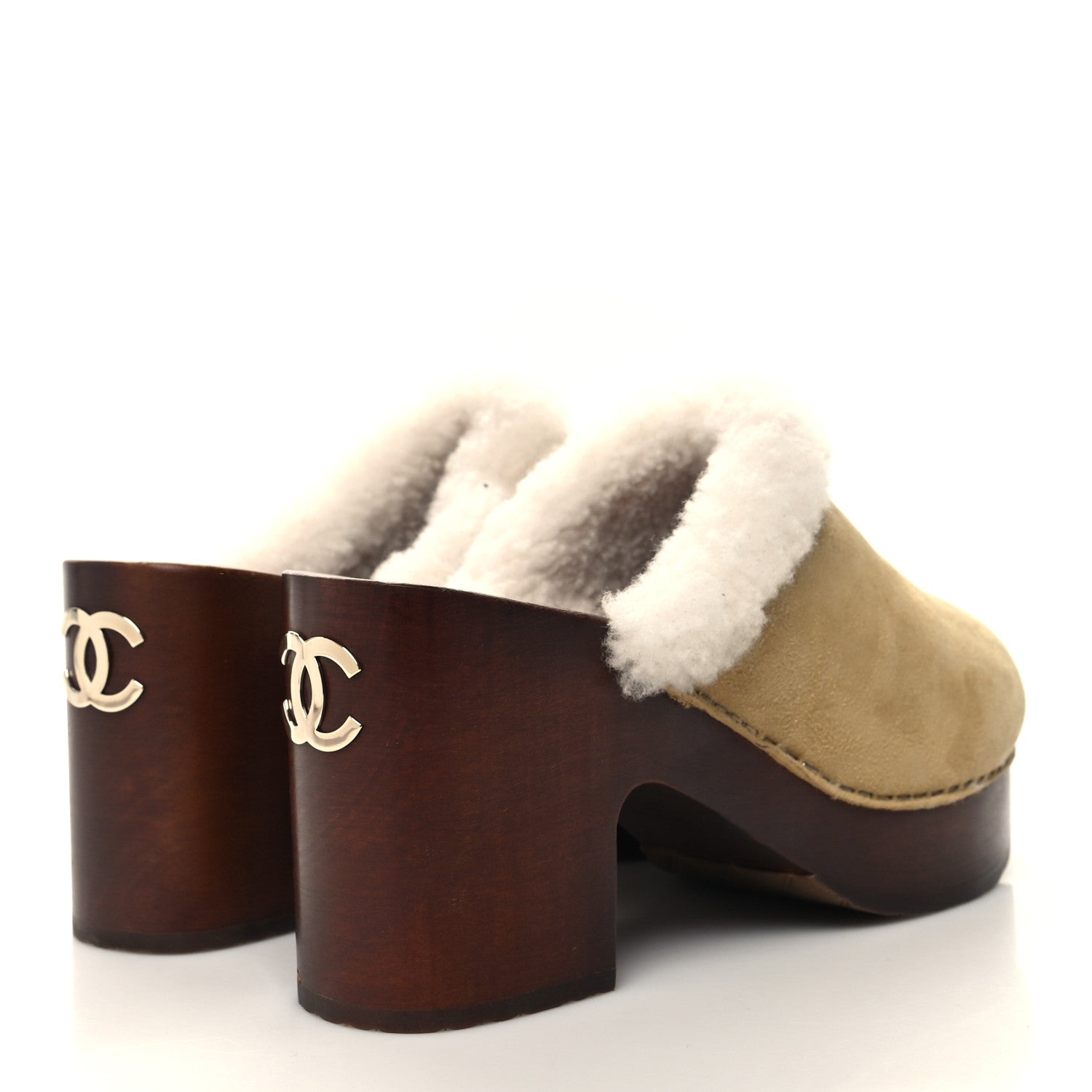 Chanel Suede Shearling CC Clogs 37 Beige 4 of 8