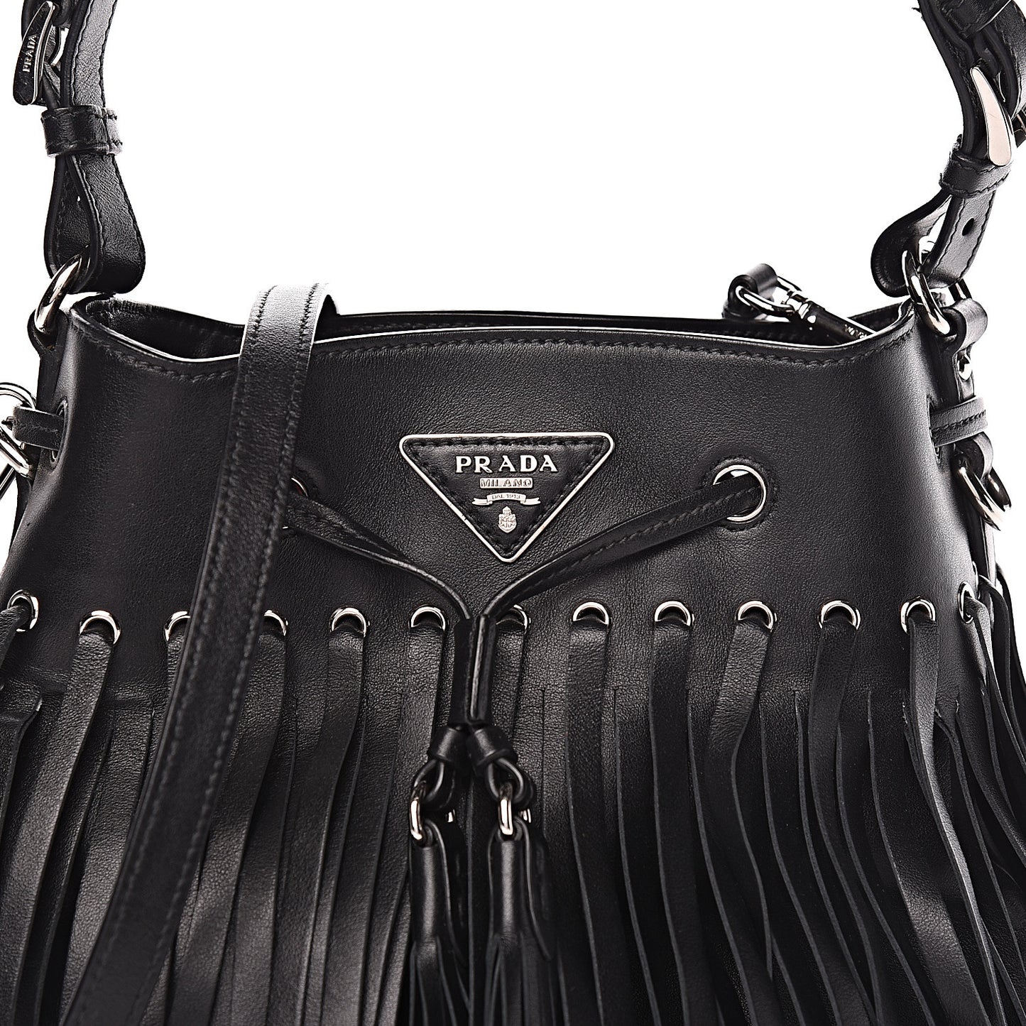 Soft Calfskin Fringe Bucket Bag Black