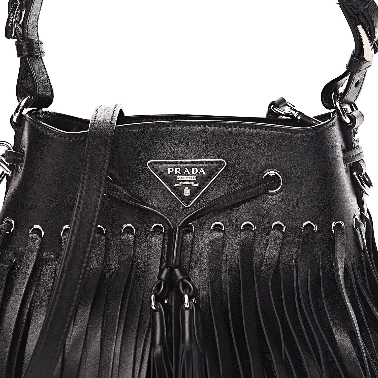 Prada Soft Calfskin Fringe Bucket Bag Black 15 of 15