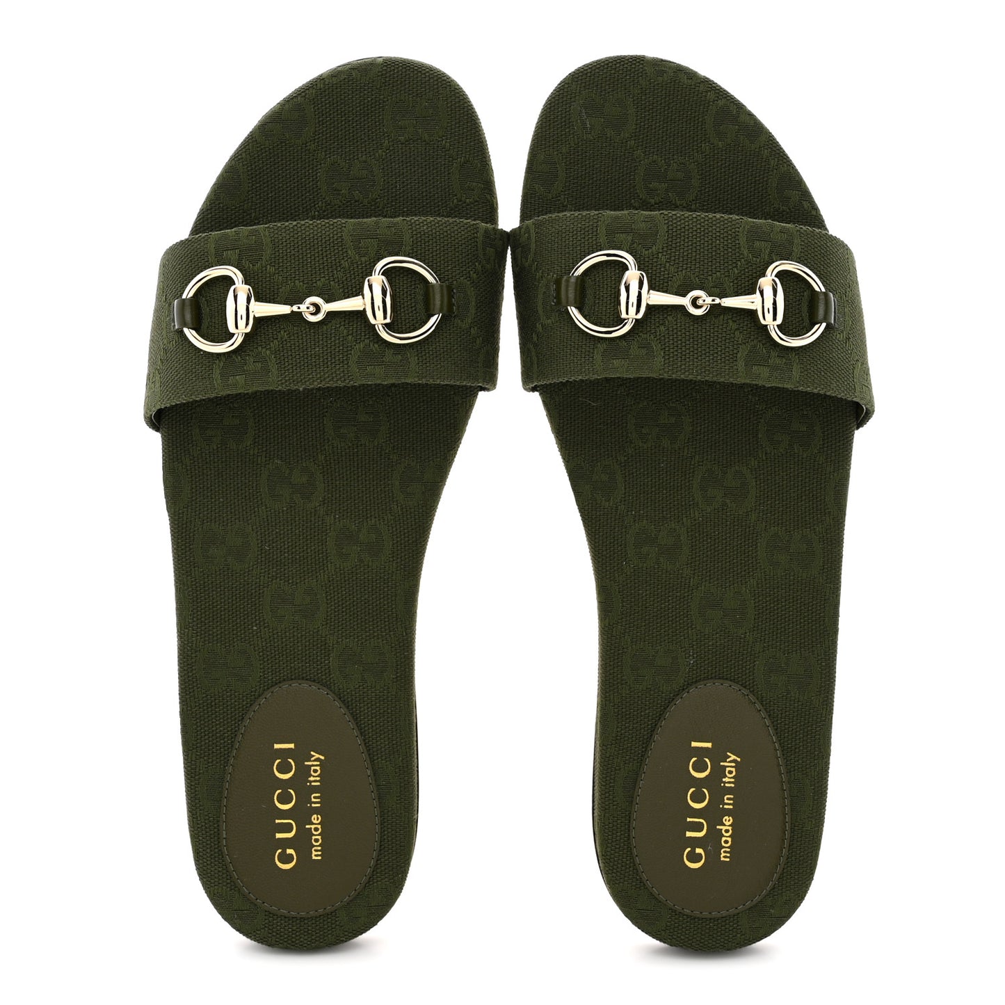 New Canvas Monogram GG Granada Kid Horsebit Slide Sandals 38 Dark Green