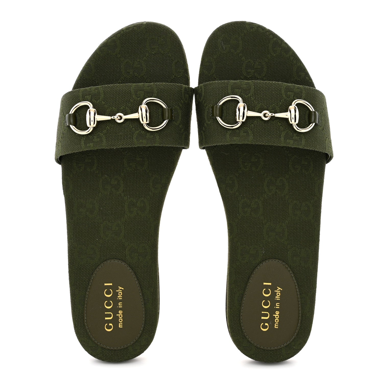 Gucci New Canvas Monogram GG Granada Kid Horsebit Slide Sandals 38 Dark Green 2 of 10
