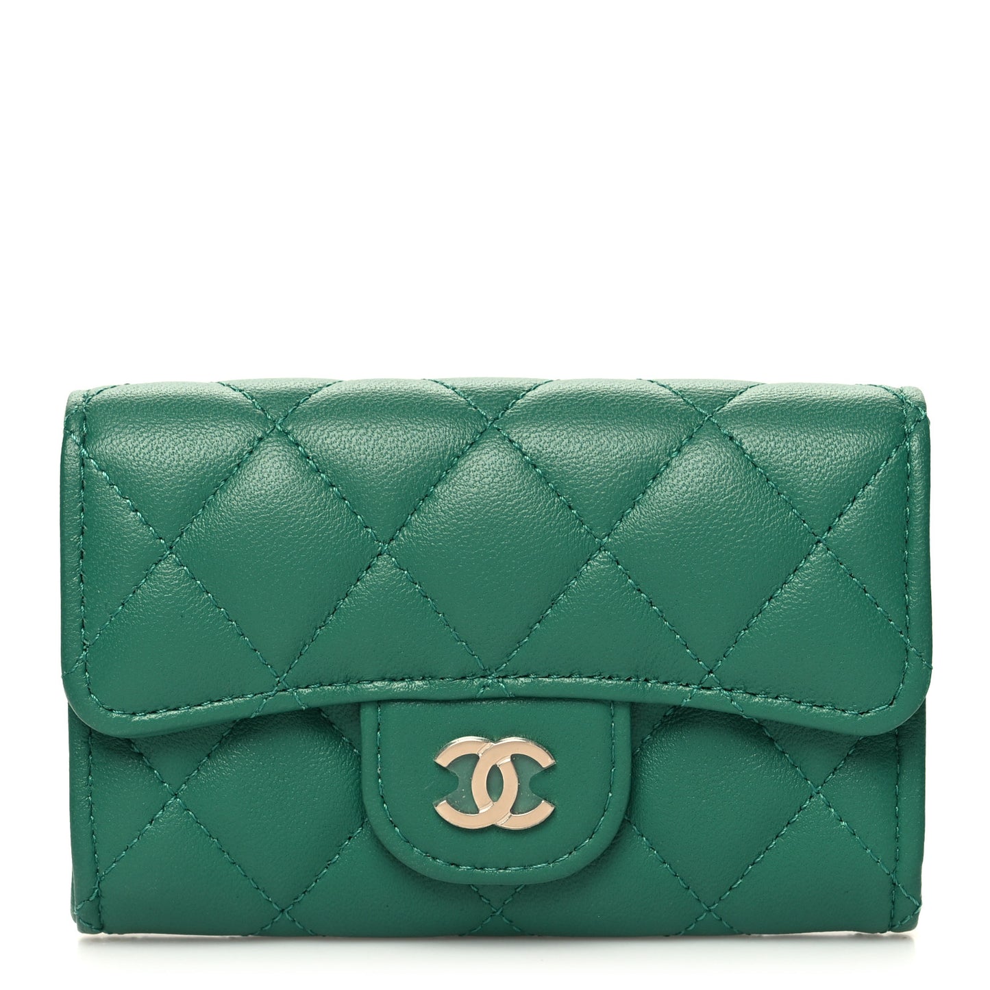 Lambskin Quilted Flap Card Holder Wallet Green