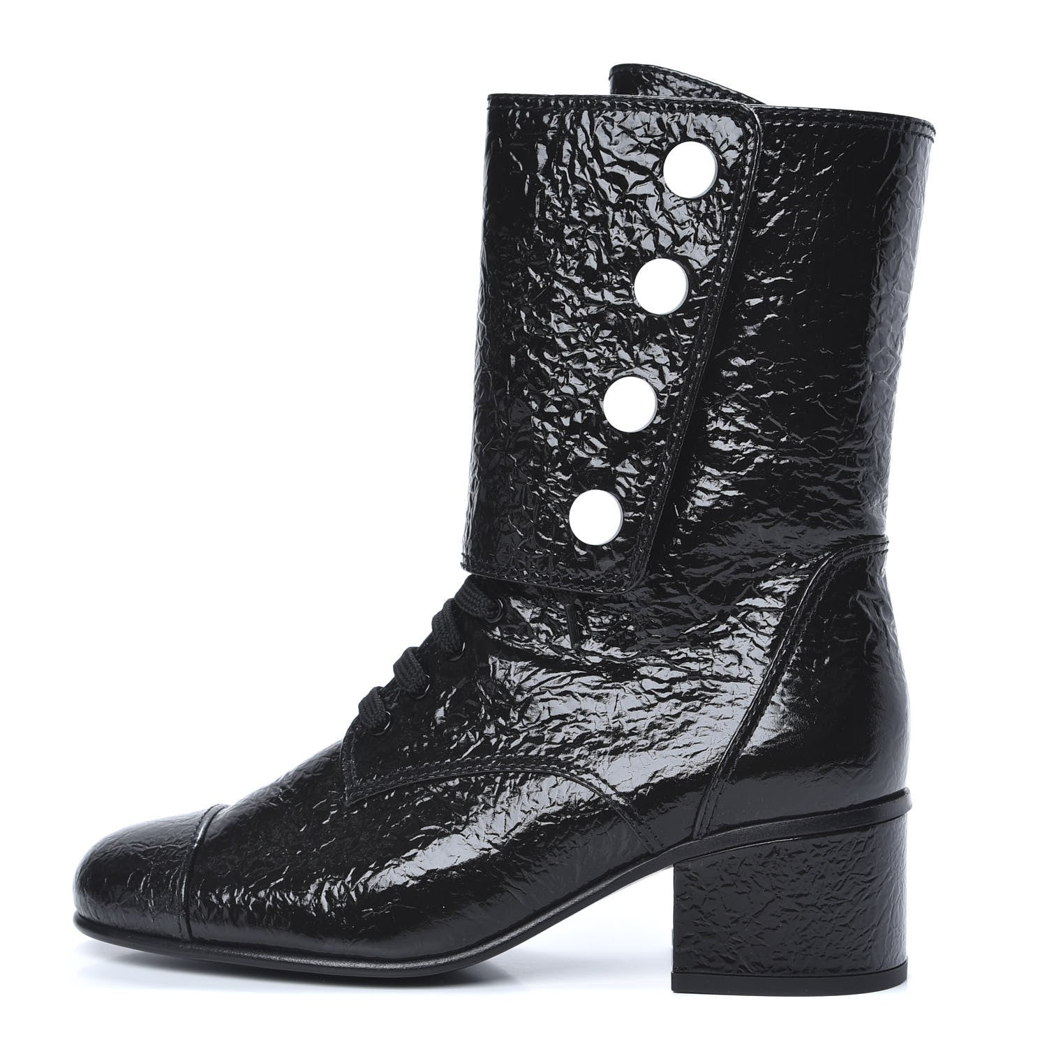 Chanel Patent Goatskin Cap Toe CC Lace Up Boots 38 Black 1 of 9