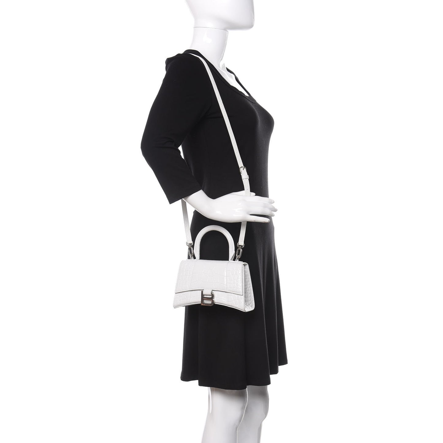 Shiny Calfskin Crocodile Embossed Hourglass Top Handle Bag XS White