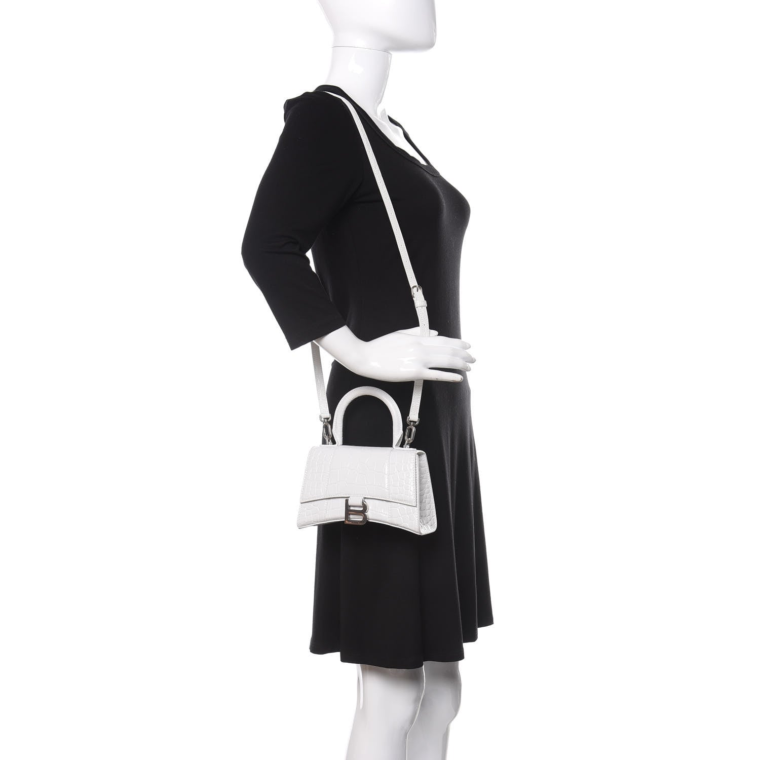 Balenciaga Shiny Calfskin Crocodile Embossed Hourglass Top Handle Bag XS White 2 of 9