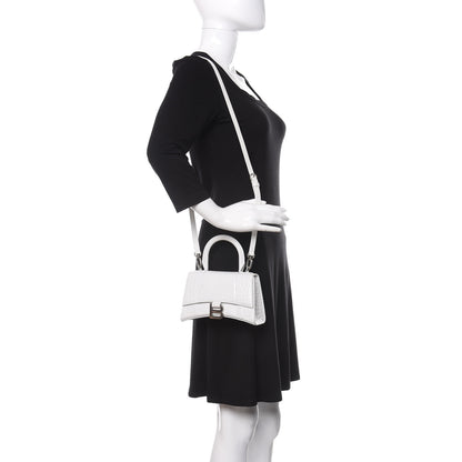 Balenciaga Shiny Calfskin Crocodile Embossed Hourglass Top Handle Bag XS White 2 of 9