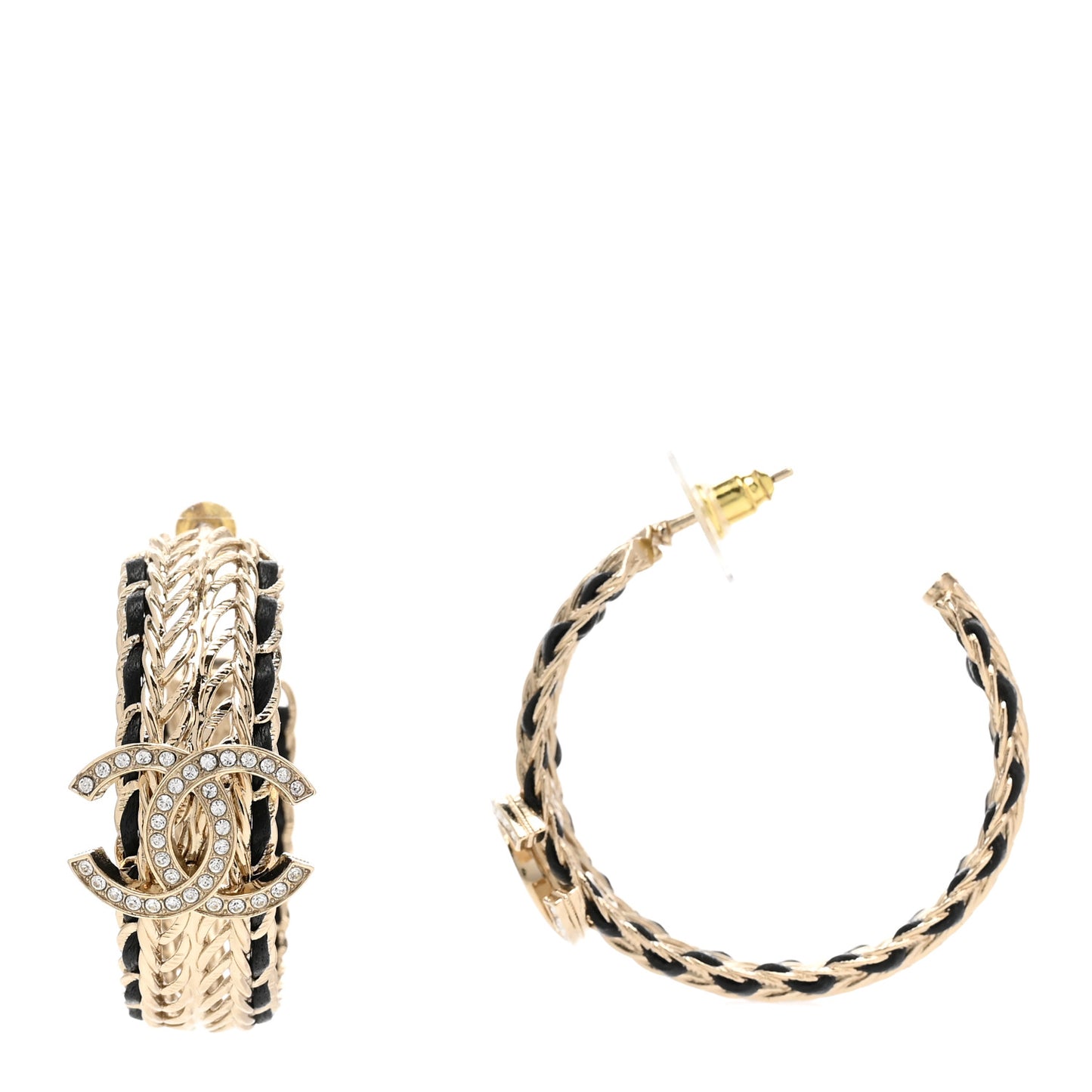 Crystal Lambskin CC Chain Hoop Earrings Gold Black
