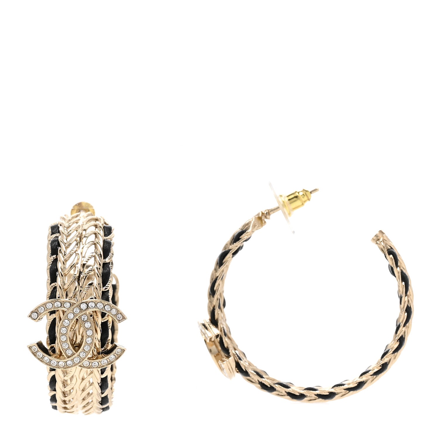 Chanel Crystal Lambskin CC Chain Hoop Earrings Gold Black 1 of 5