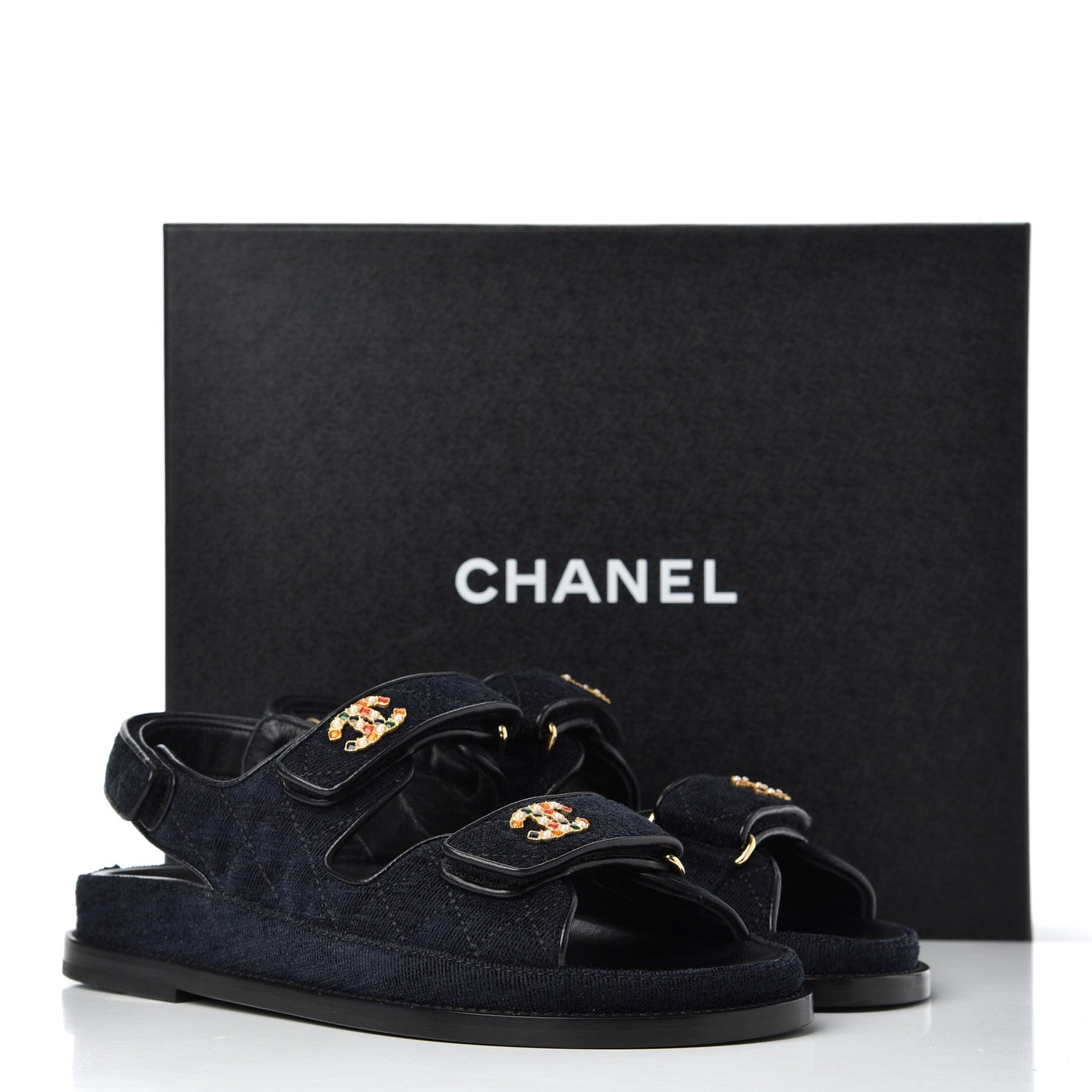 Chanel Velvet Velcro Dad Sandals 37 Navy Blue 15 of 15