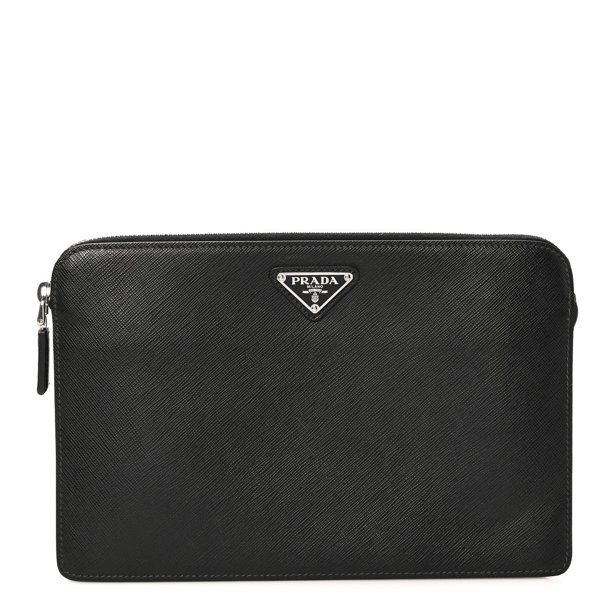 Prada Saffiano Travel Metal Triangle Logo Slip Handle Wristlet Pouch Black 1 of 7