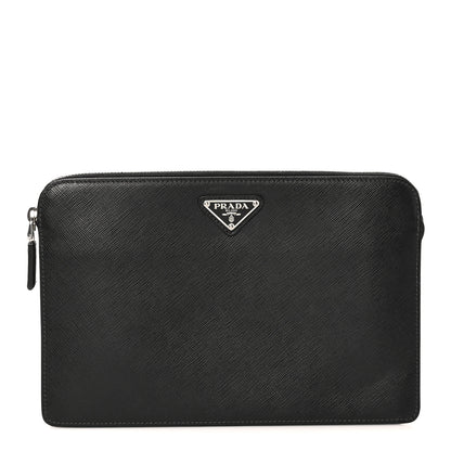 Prada Saffiano Travel Metal Triangle Logo Slip Handle Wristlet Pouch Black 1 of 7