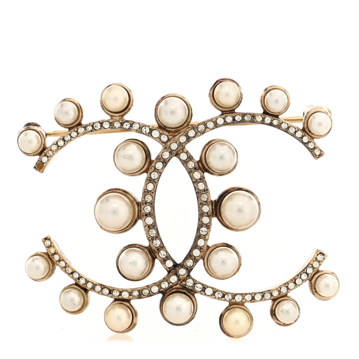 Chanel Pearl Crystal CC Brooch Gold 1 of 3