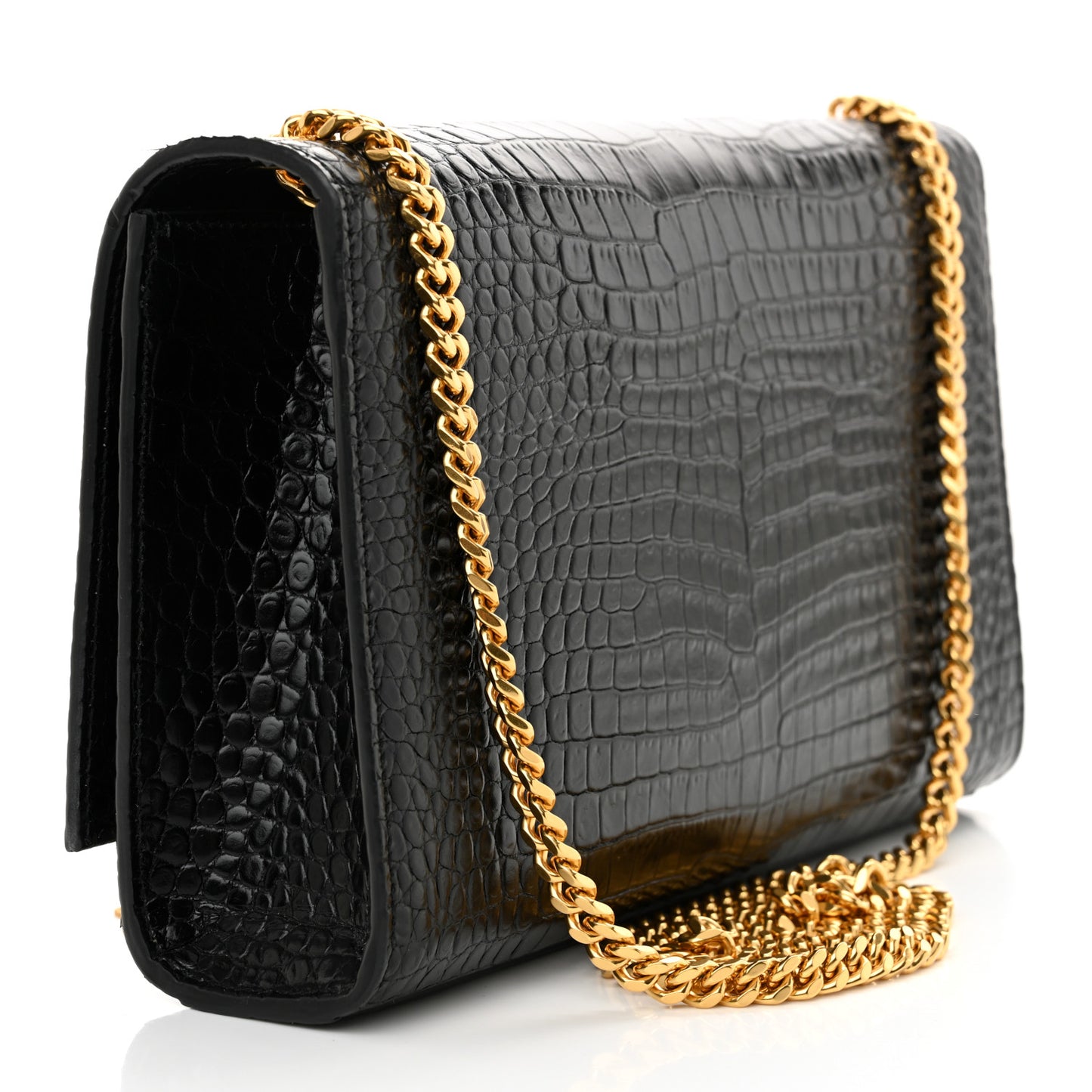 Calfskin Crocodile Embossed Medium Classic Monogram Kate Tassel Satchel Black