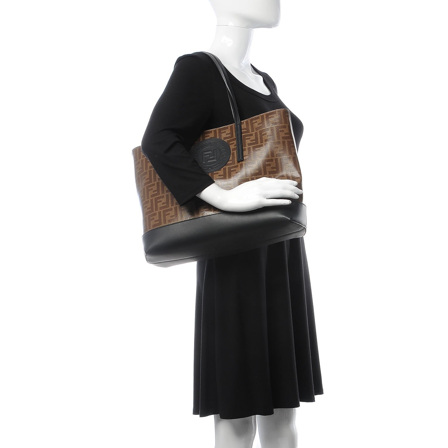 Fendi Glazed Fabric Vitello Century FF 1974 Stamp Patch Shopping Tote Mogano Panna Black 2 of 11