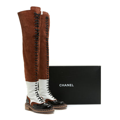 Chanel Suede Patent Calfskin Over The Knee Boots 39.5 Brown White Black 22 of 22