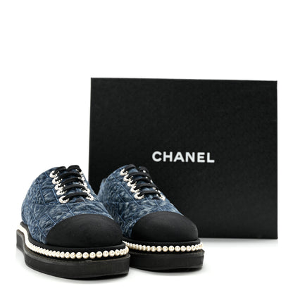 Chanel Denim Grosgrain Camellia Pearl Lace Up Sneakers 38 Blue Black 12 of 12