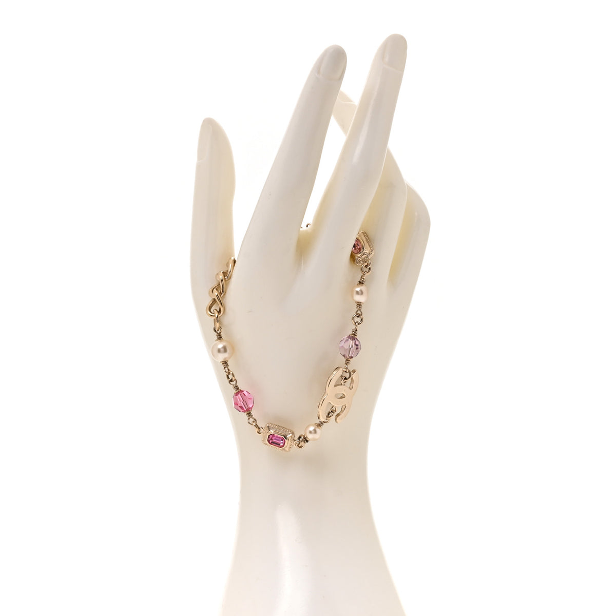 Metal Glass Crystal Strass Pearl CC Chain Bracelet Gold Multicolor Pearly White