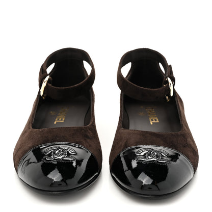 Chanel Suede Patent Cap Toe CC Mary Jane Flats 38 Dark Brown Black 3 of 10