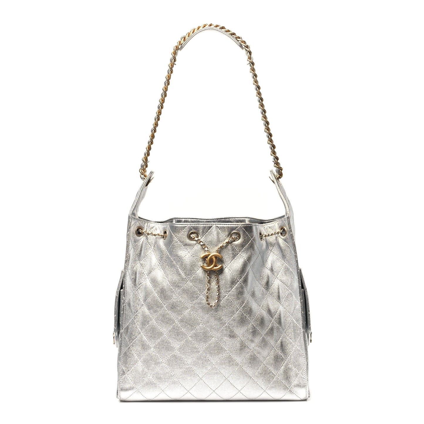 Metallic Caviar Quilted Medium Chanel 25 Handbag Silver