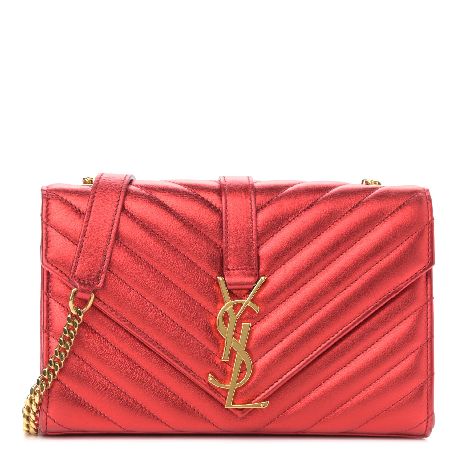 Saint Laurent Metallic Matelasse Chevron Small Monogram Chain Shoulder Bag Red 1 of 12