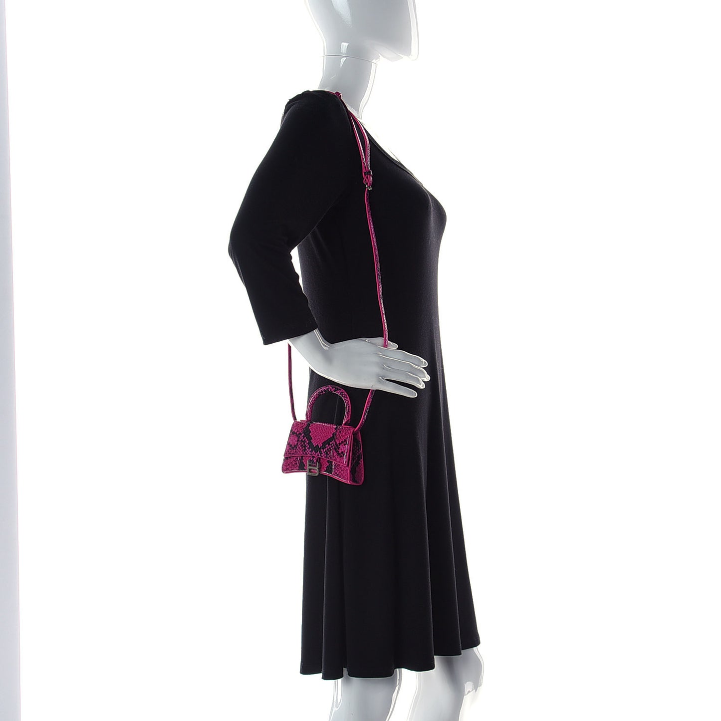 Shiny Calfskin Python Effect Hourglass Top Handle Bag Mini Fuchsia Black