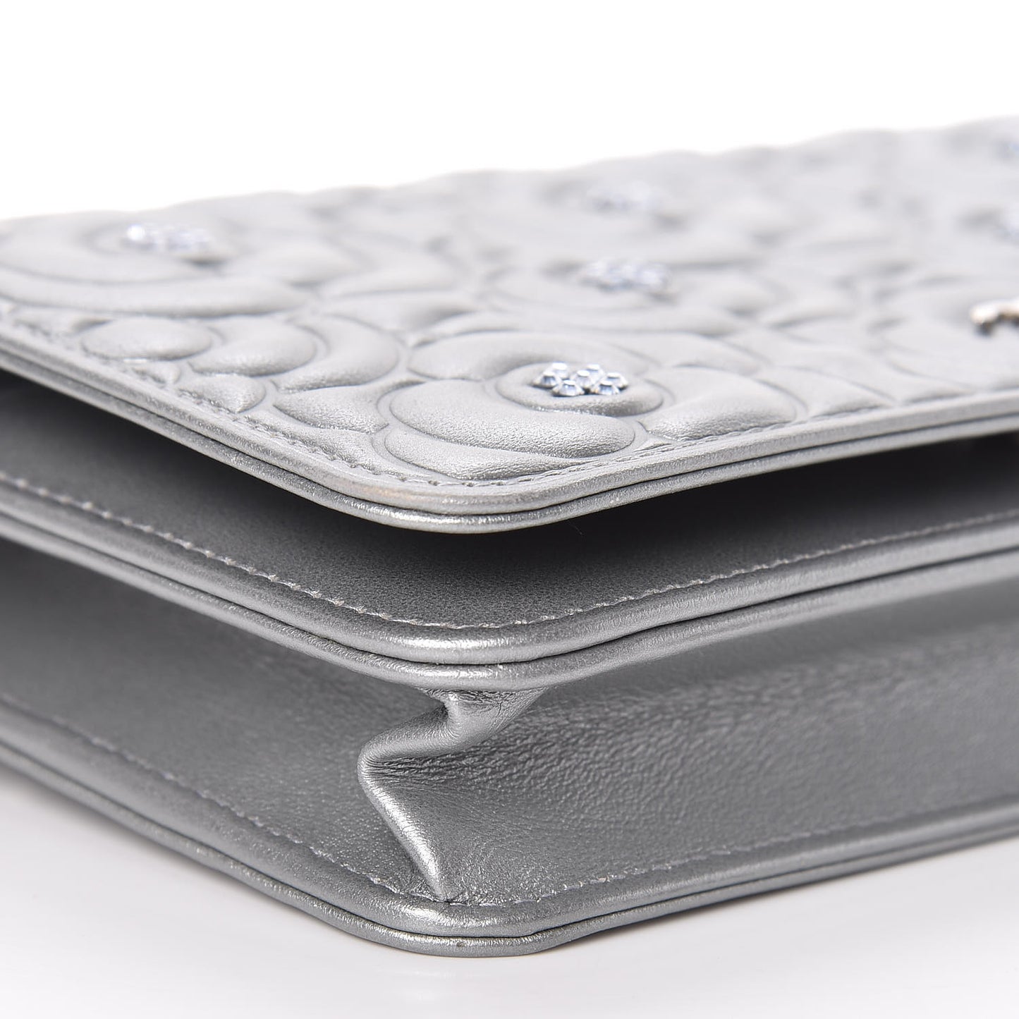 Metallic Lambskin Camellia Crystal Wallet on Chain WOC Silver