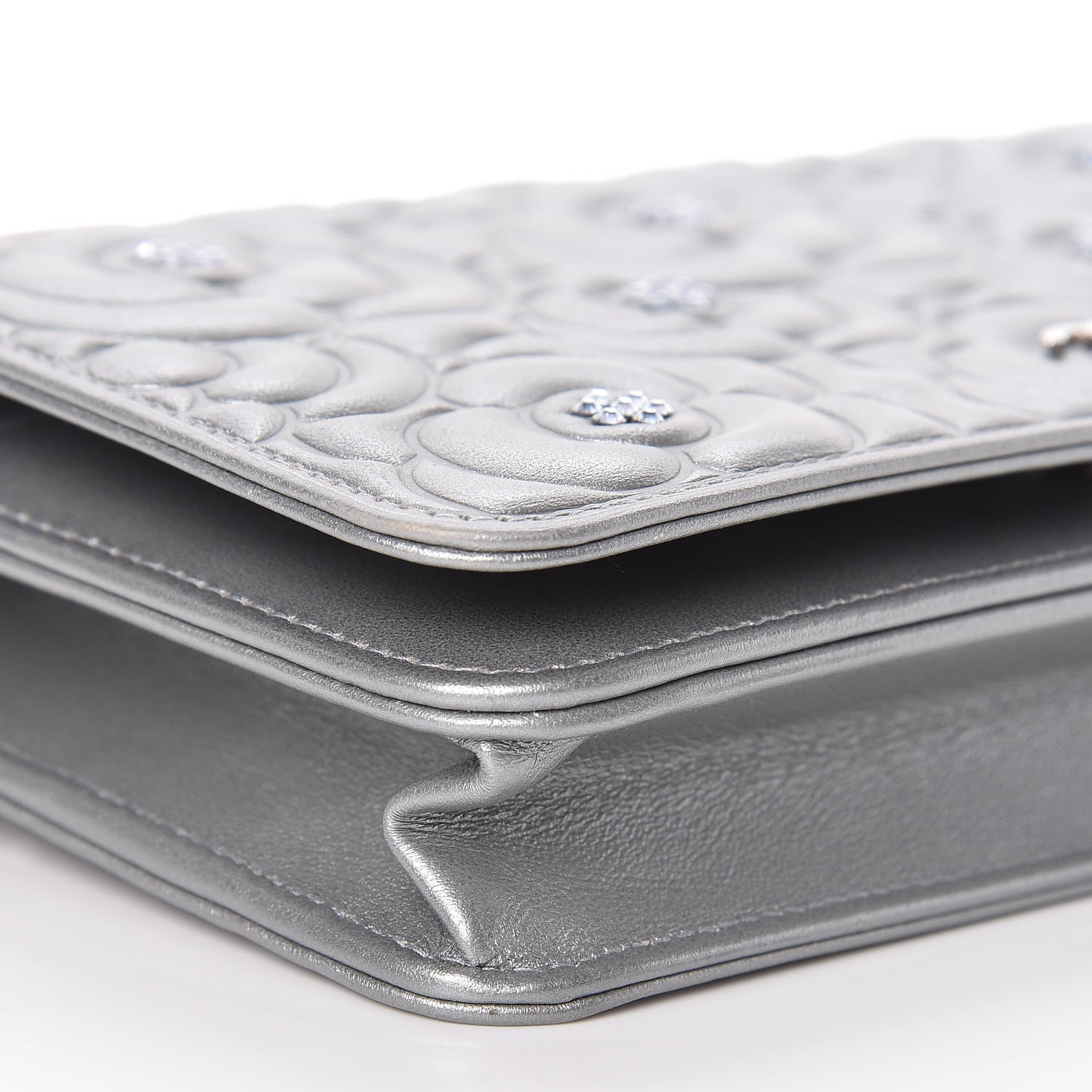 Chanel Metallic Lambskin Camellia Crystal Wallet on Chain WOC Silver 6 of 14
