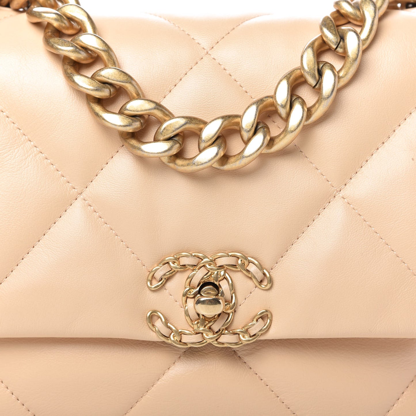 Shiny Goatskin Quilted Large Chanel 19 Flap Beige