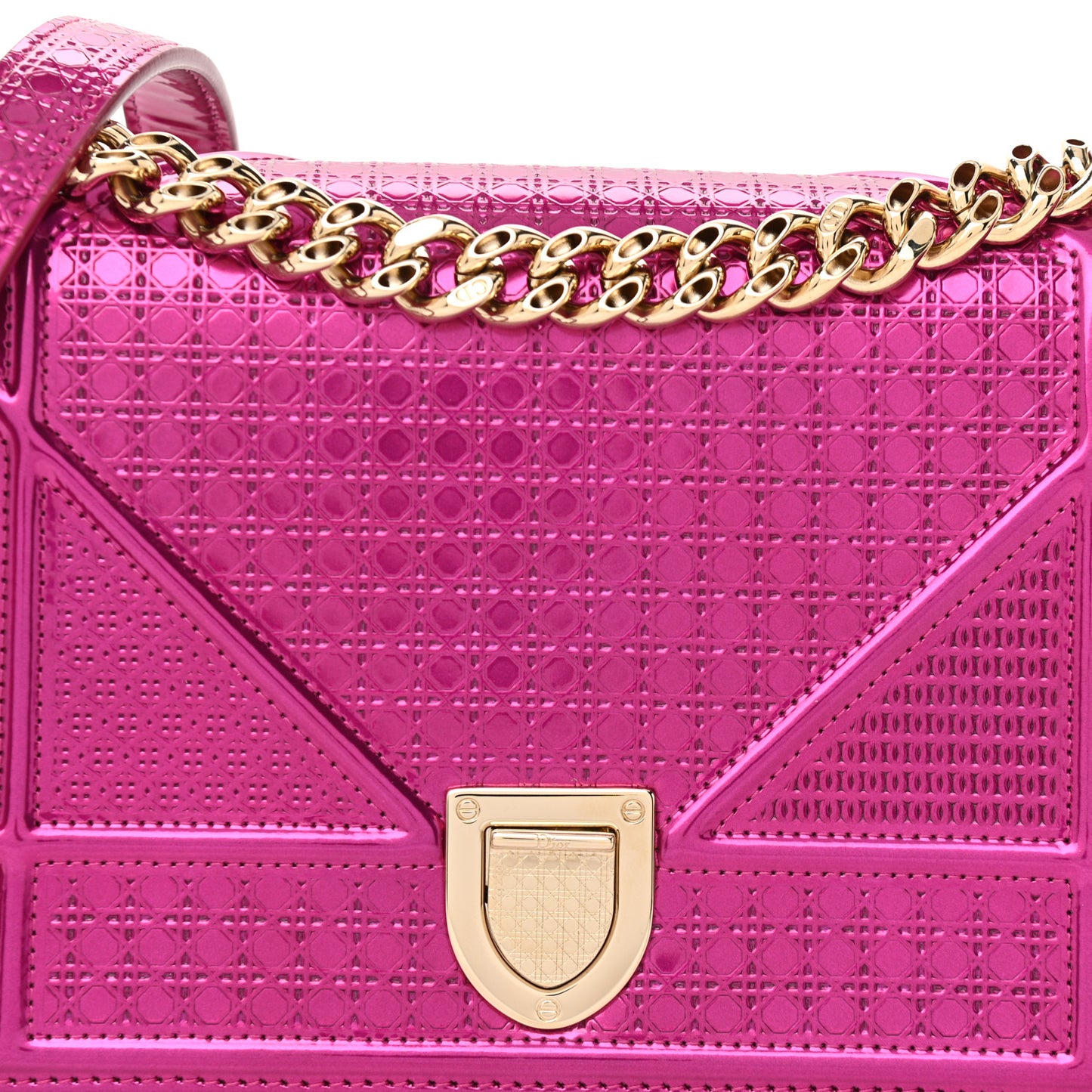 Metallic Patent Micro-Cannage Small Diorama Flap Bag Fuchsia