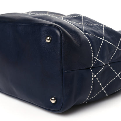 Chanel Lambskin Contrast Stitch Small Drawstring Tote Navy 10 of 13