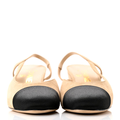 Chanel Suede Cap Toe CC Slingback Pumps 35 Beige Black 2 of 13