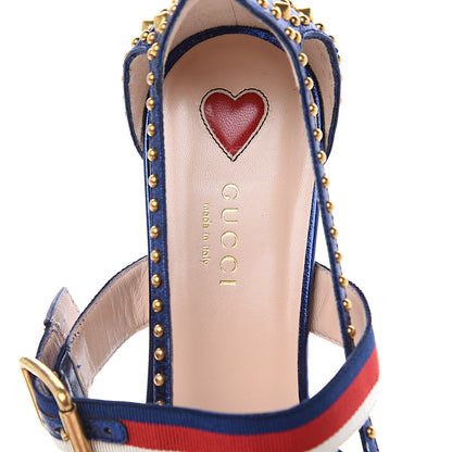 Gucci Metallic Nappa Silk Grosgrain Studded Sylvie Web Bamboo Low Heel Pumps 39 Sapphire 9 of 10