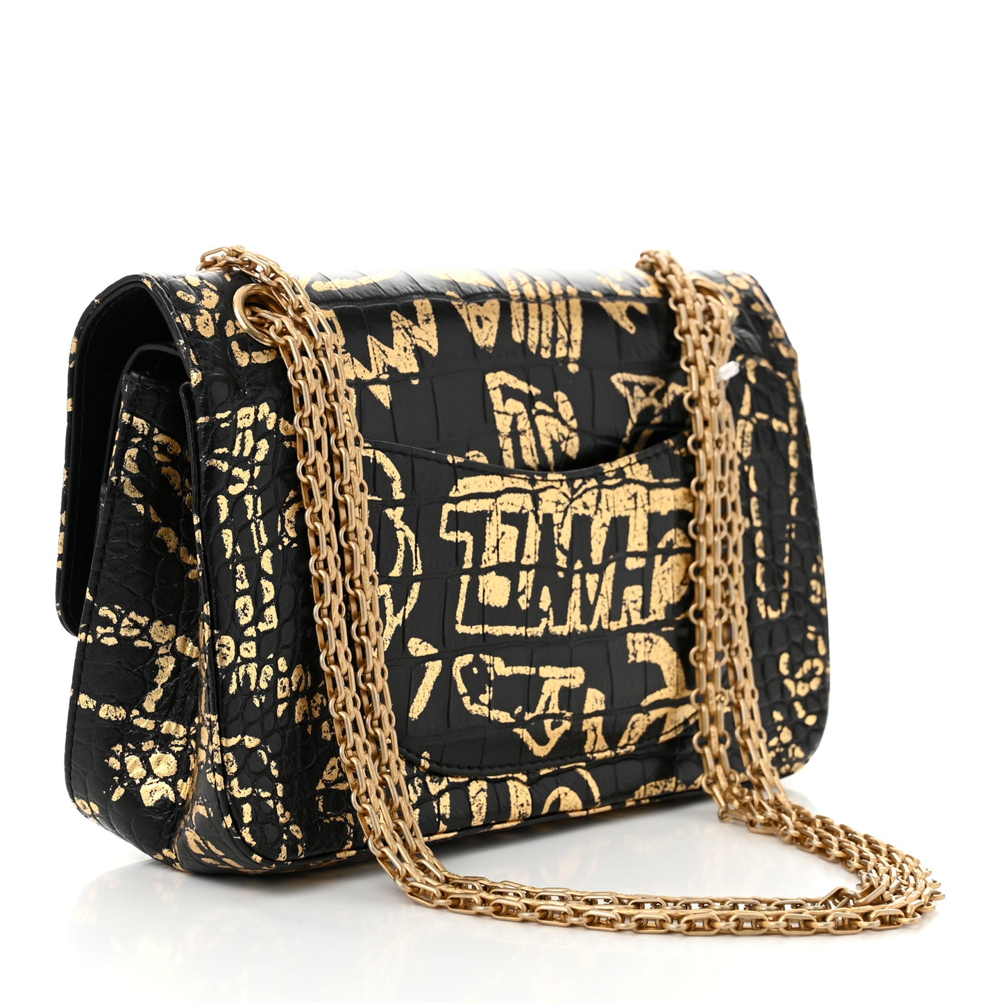 Calfskin Crocodile Embossed Graffiti 2.55 Cocodile Reissue 225 Flap Black Gold