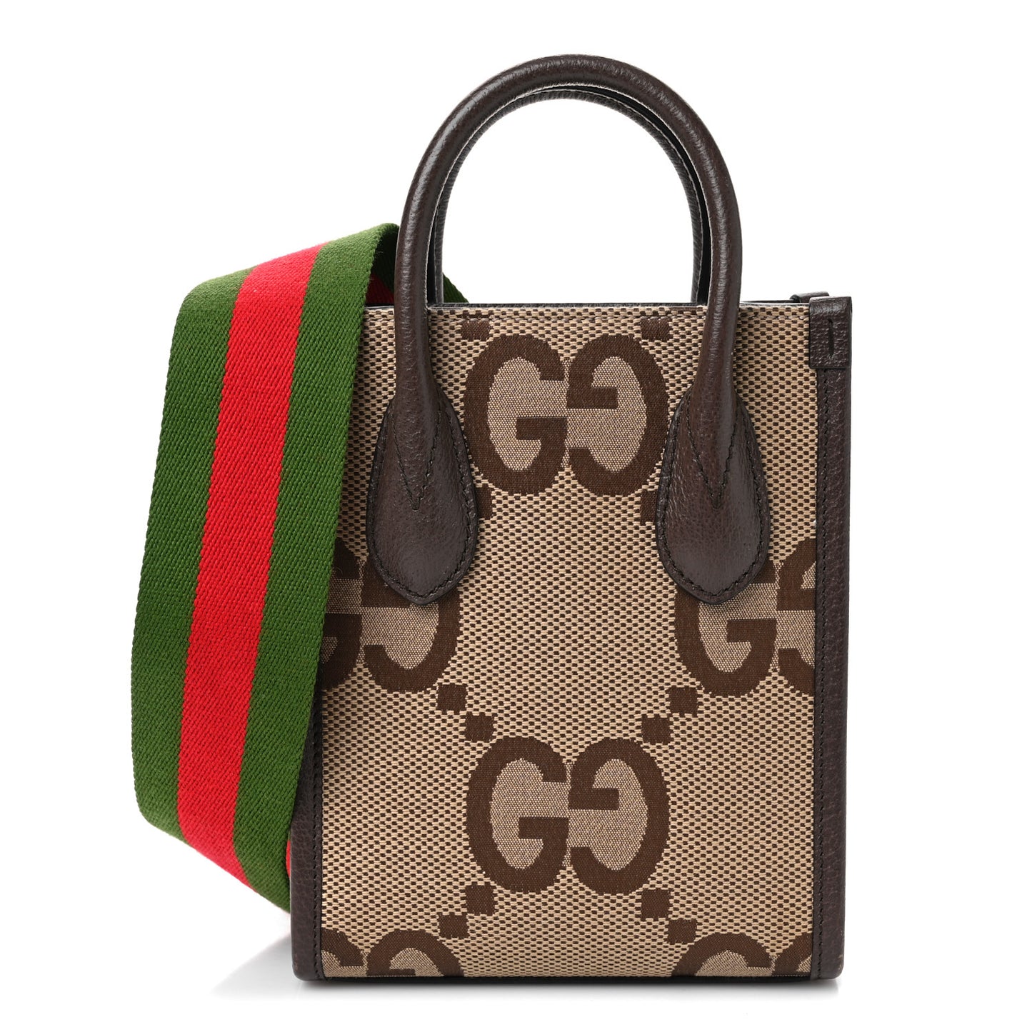 Monogram Jumbo GG Textured Dollar Calfskin Web Mini Vertical Tote Camel Ebony New Acero