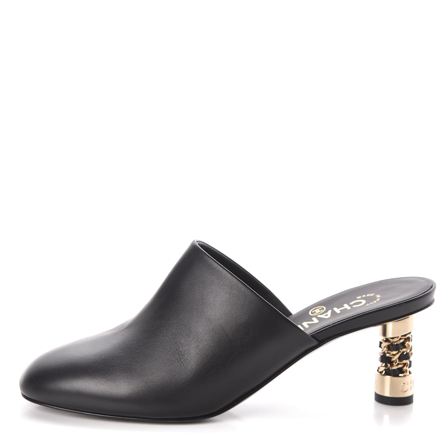 Calfskin CC Chain Mules Sandals 38 Black