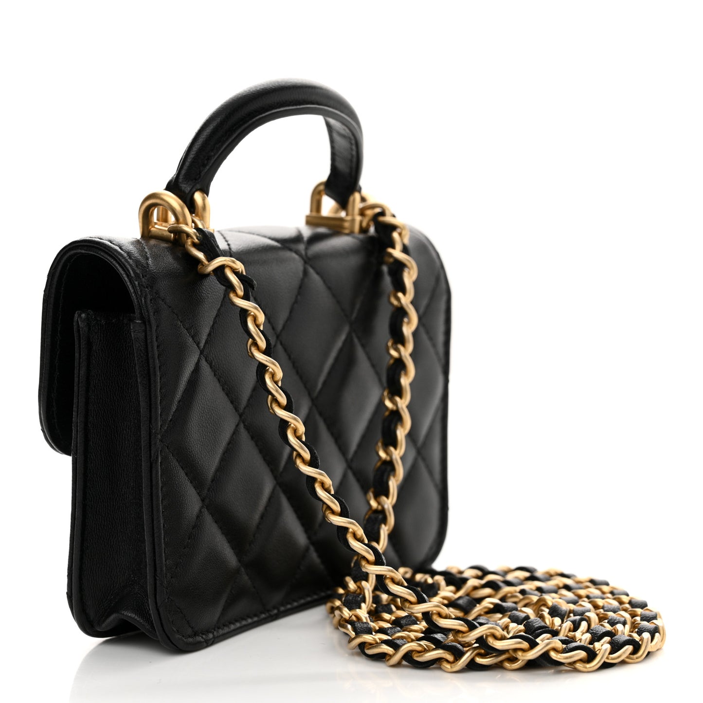 Lambskin Quilted Top Handle Flap Coin Purse With Chain Black