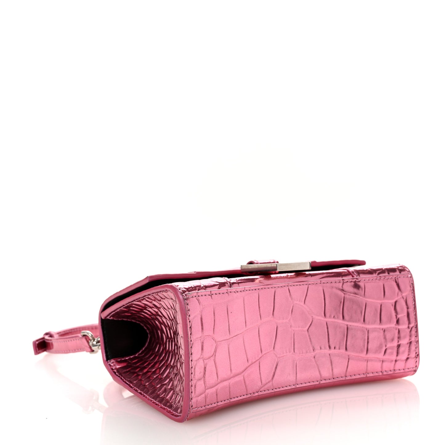 Metallic Shiny Calfskin Crocodile Embossed Hourglass Top Handle Bag XS Pink