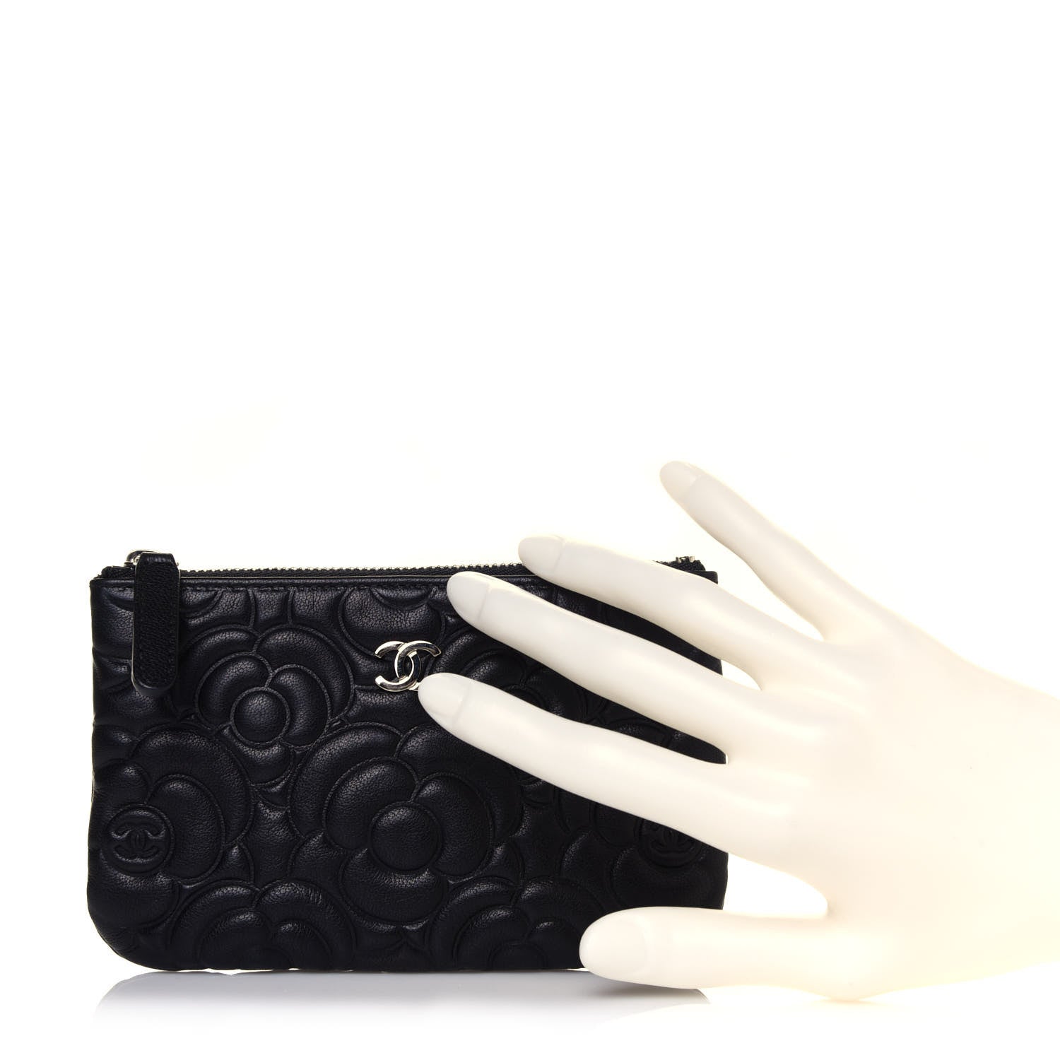 Chanel Goatskin Camellia Embossed Cosmetic Pouch Black 2 of 12