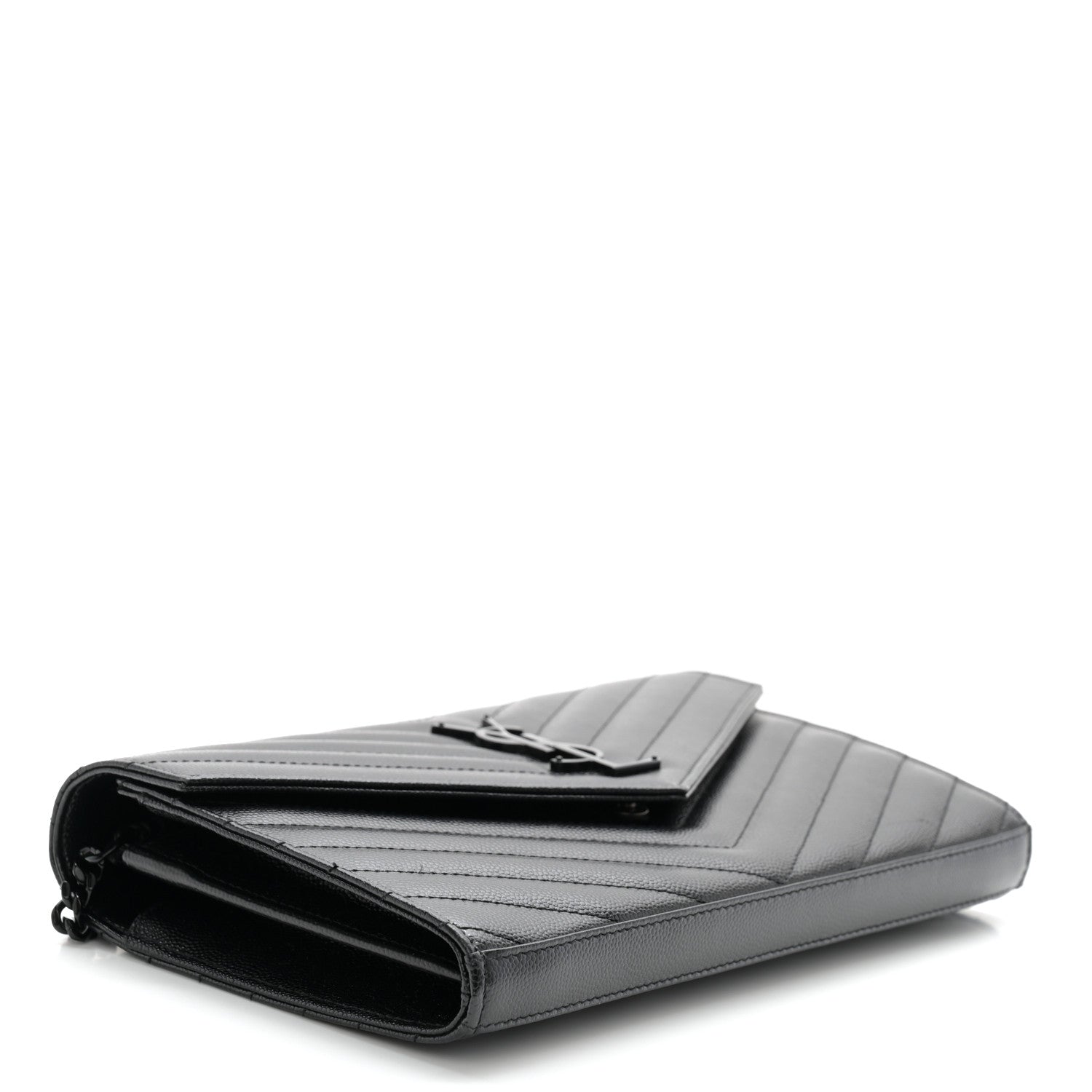 Saint Laurent Grain De Poudre Matelasse Chevron Monogram Monochrome Chain Wallet Black 4 of 11
