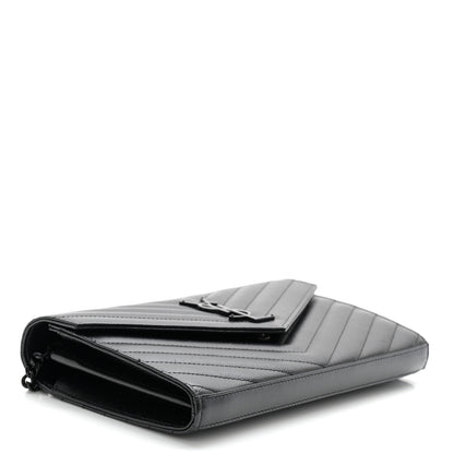 Saint Laurent Grain De Poudre Matelasse Chevron Monogram Monochrome Chain Wallet Black 4 of 11