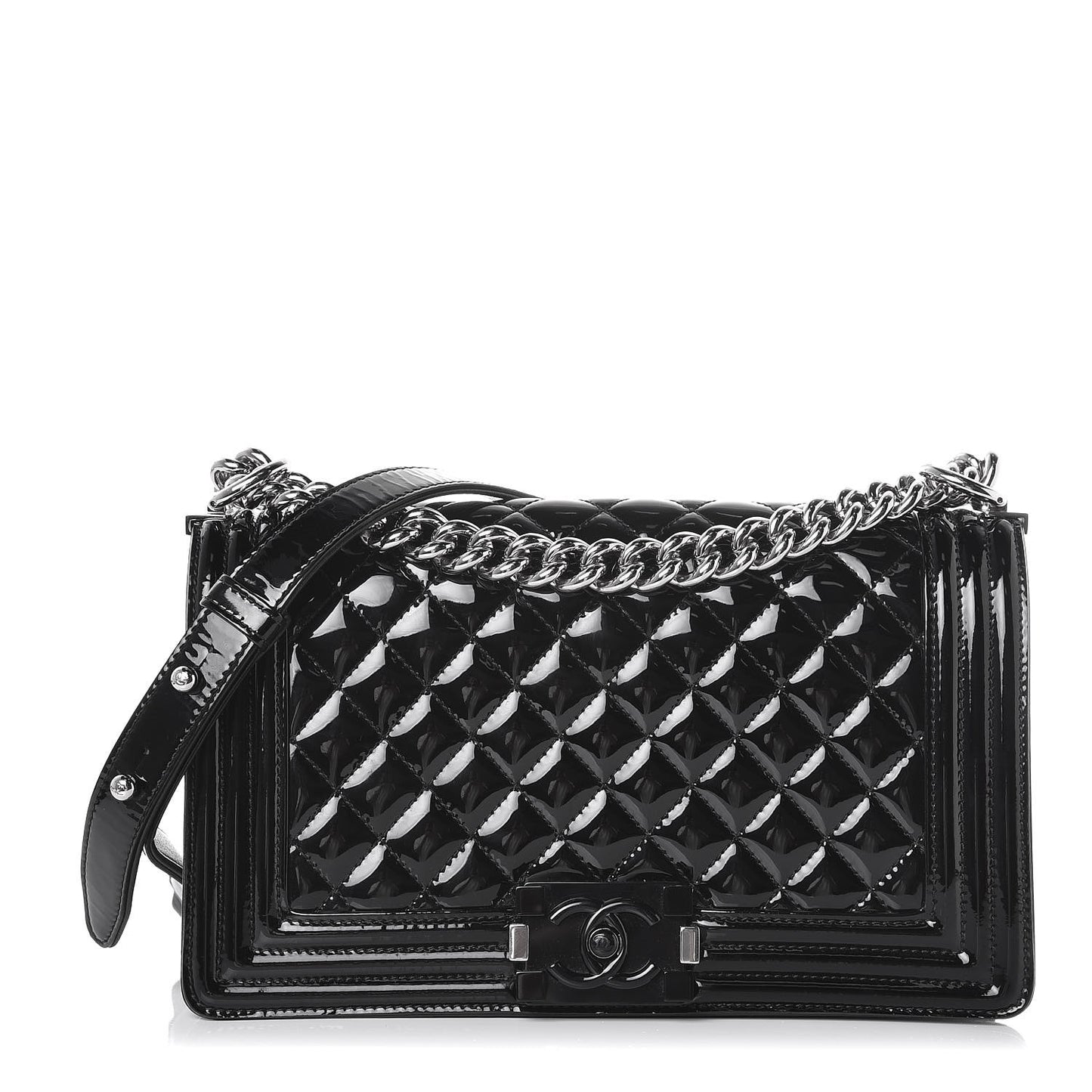 Patent Calfskin Quilted Medium Plexiglass Boy Flap Black