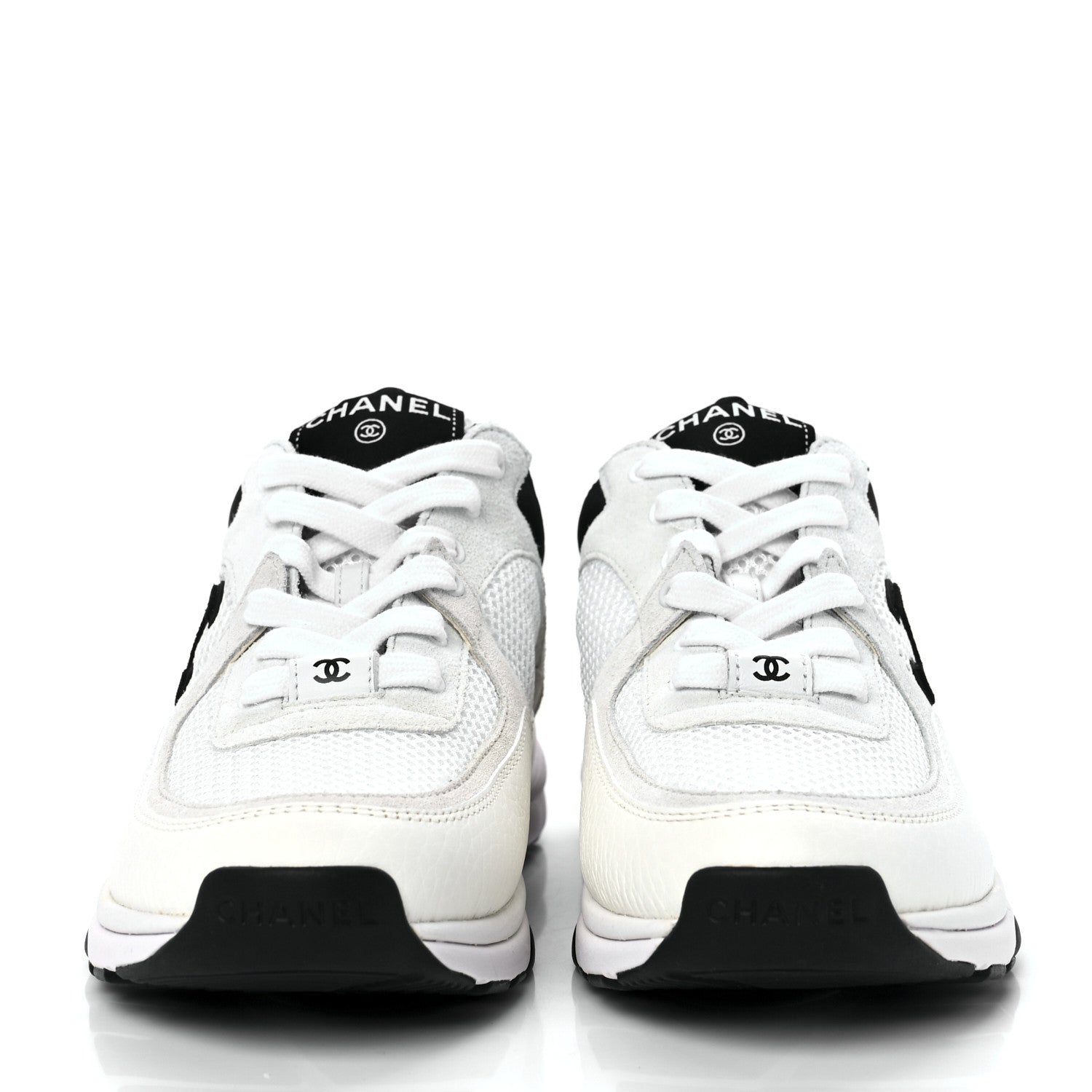 Chanel Mesh Suede Calfskin Grained Calfskin Womens CC Sneakers 37 White Black 2 of 9