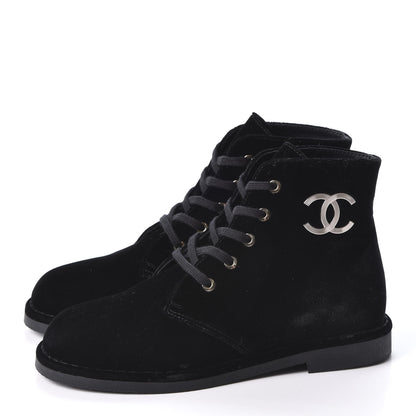 Chanel Velvet CC Lace Up Boots 36.5 Black 3 of 9