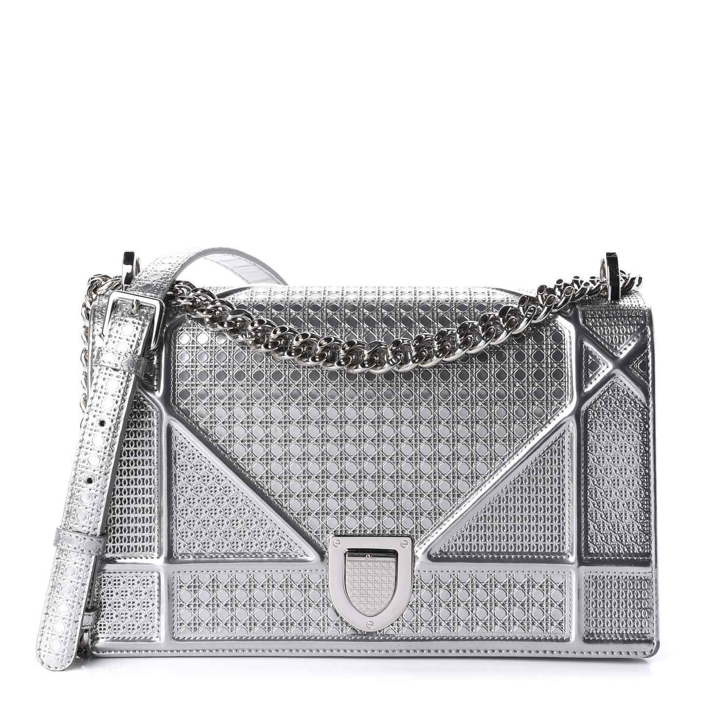 Metallic Patent Micro-Cannage Medium Diorama Flap Bag Silver