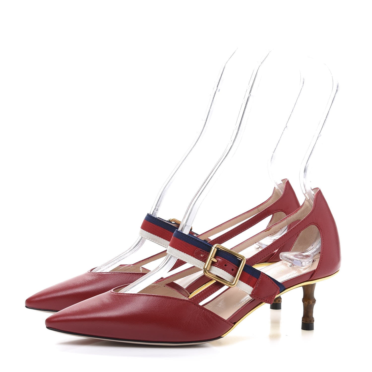 Gucci Malaga Kid Grosgrain Sylvie Web Bamboo Low Heel Pumps 35.5 Red 3 of 8