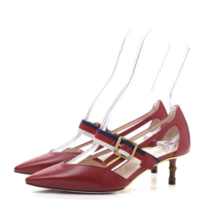 Gucci Malaga Kid Grosgrain Sylvie Web Bamboo Low Heel Pumps 35.5 Red 3 of 8